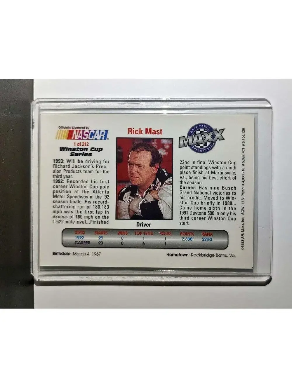 Rick Mast 1993 Maxx Premier Plus Racing #1 NASCAR Card Precision Products Racing